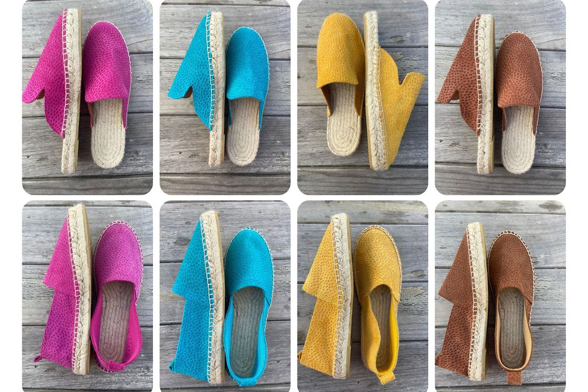 Alpargatas artesanales de piel | Leathersophy Alpargatas de piel con suela de yute en fucsia, turquesa, maíz y marrón de Leathersophy