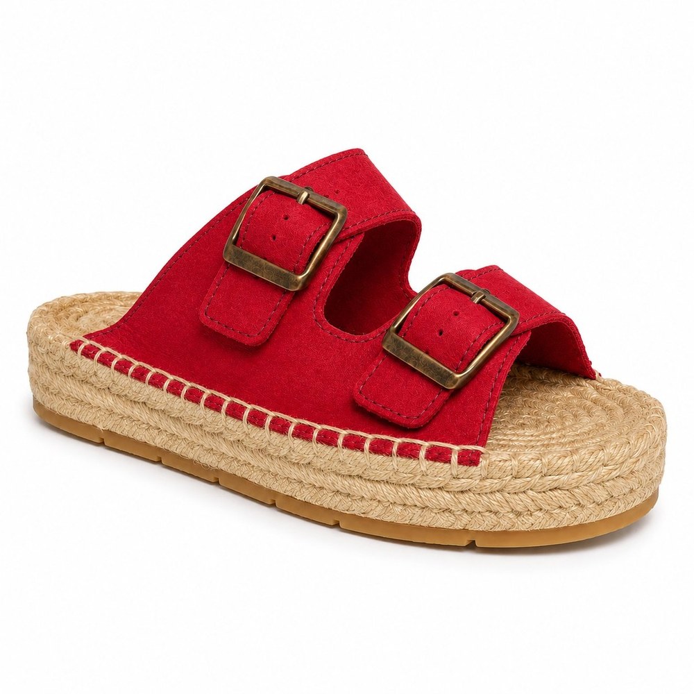 ARENAS — Rojo (ante) | Leathersophy Sandalia alpargata de piel con doble hebilla — modelo ARENAS en color Rojo (ante) de Leathersophy