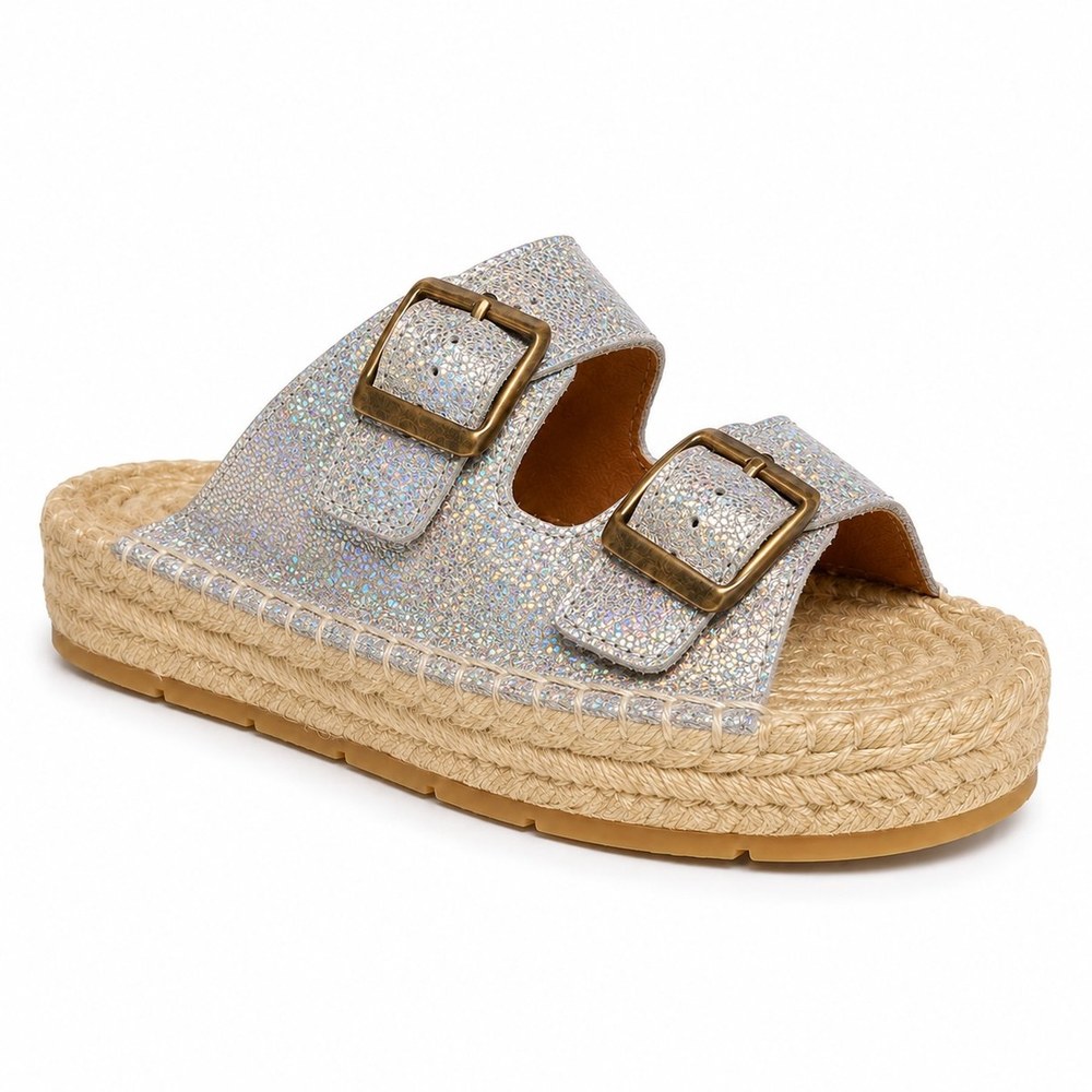 ARENAS — Plata glitter | Leathersophy Sandalia alpargata de piel con doble hebilla — modelo ARENAS en color Plata glitter de Leathersophy